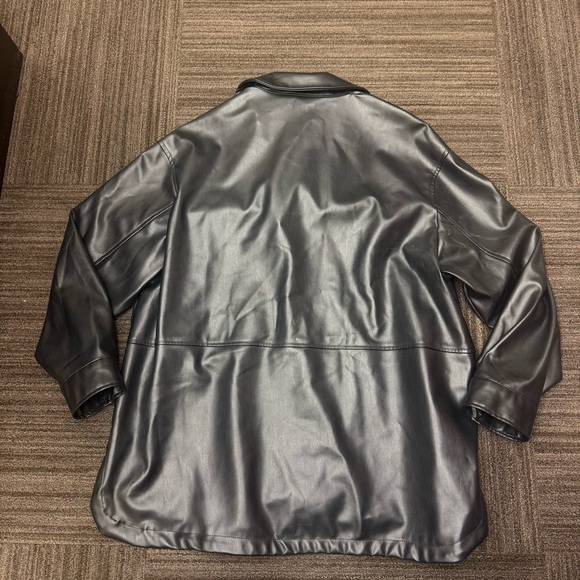 Zara Black Leather Jacket Oversized Shacket With Front Pockets Collared Buttons - Picture 11 of 14